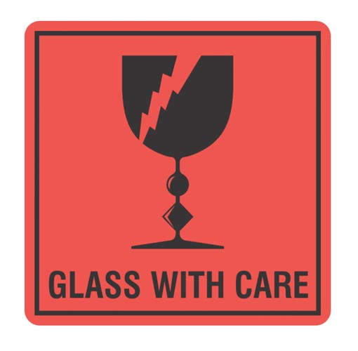 [LMD15020] Handling Label Glass With Care - Orange/Black, 99mm x 99mm (500)