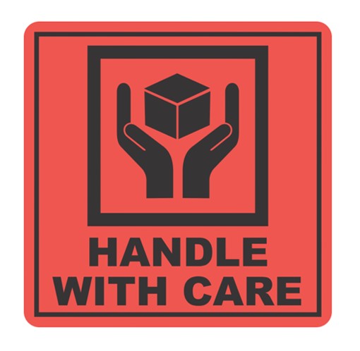 [LMD15030] Handling Label Handle With Care - Orange/Black, 99mm x 99mm (500)
