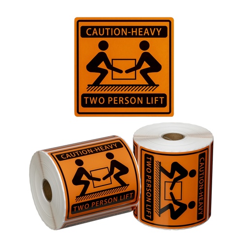 [LMD15070] Handling Label Two Person Lift - Orange/Black, 99mm x 99mm (500)
