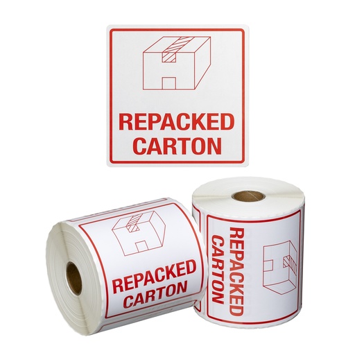 [LMD15105] Handling Label Repacked Carton - White/Red, 99mm x 99mm (500) 