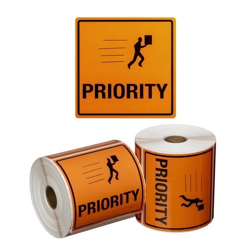 [LMD15112] Handling Label Priority - Orange/Black, 99mm x 99mm (500)