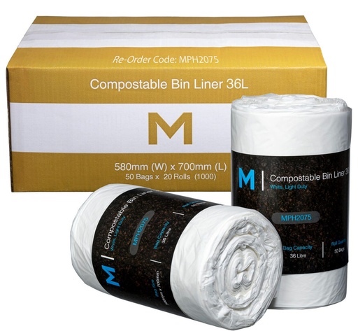 [LMD2075] POR Compostable Bin Liner 36L - White, 580mm x 700mm x 15mu (1000)