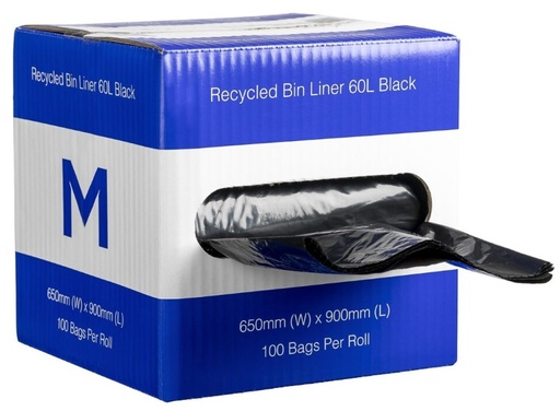 [LMD2316] DB Recycled Bin Liner 60L - Black, 650mm x 900mm x 30mu (100) *Dispenser Box