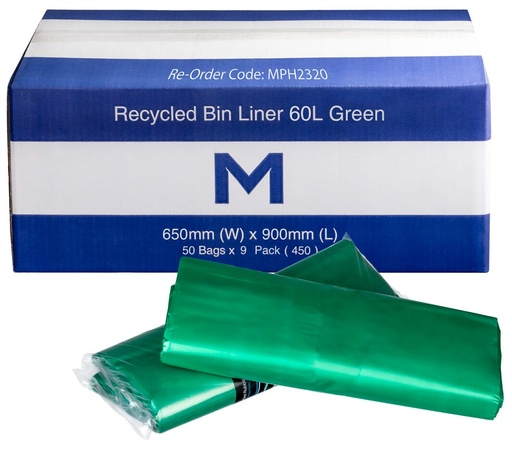 [LMD2320] FP Recycled Bin Liner 60L - Green, 650mm x 900mm x 30mu (450)