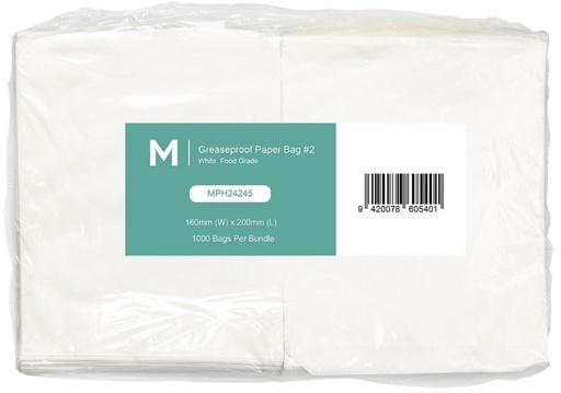 [LMD24245] Greaseproof Paper Bags #2 - White, 160mm x 200mm, 40gsm (1000)