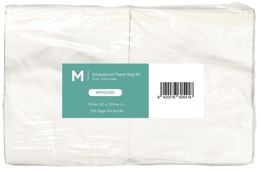 [LMD24250] Greaseproof Paper Bags #3 - White, 185mm x 220mm, 40gsm (1000)