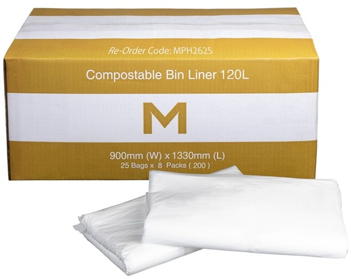[LMD2625] FP Compostable Bin Liner 120L - White, 900mm x 1330mm x 30mu (200)
