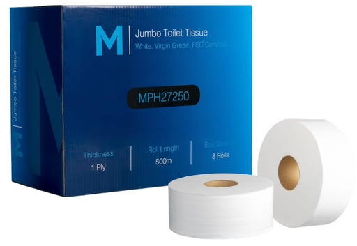 [LMD27250] Virgin Jumbo Toilet Tissue Boxed - White, 1 Ply, 500m, FSC Mix® (8)