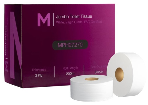 [LMD27270] Virgin Jumbo Toilet Tissue Boxed - White, 3 Ply, 200m, FSC Mix® (8)