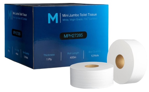 [LMD27285] Virgin Mini Jumbo Toilet Tissue Boxed - White, 1 Ply, 400m, FSC Mix® (12)