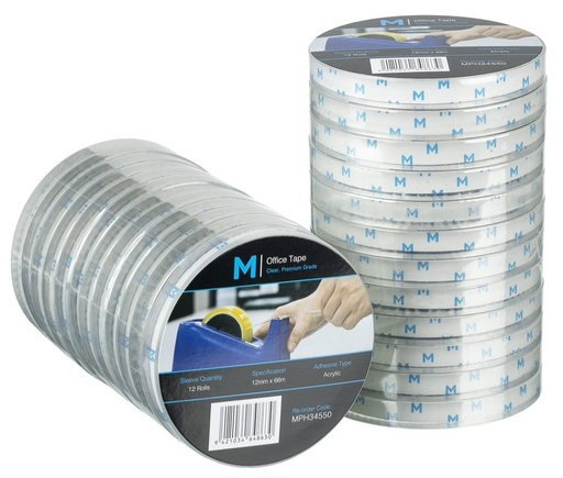 [LMD34550] Acrylic Office Tape - Clear, 12mm x 66m x 45mu, 76.2mm Core (144) *Large Core