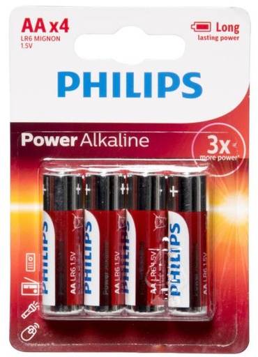 [LMD34685] Philips Power Alkaline Battery - Red, AA (4)  