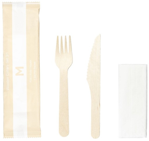 [LMD38121] Wooden Cutlery Set 3/1 - Natural, Fork/Knife/Napkin, FSC 100%® (400) 
