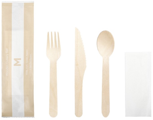 [LMD38122] Wooden Cutlery Set 4/1 - Natural, Fork/Knife/Spoon/Napkin, FSC 100%® (400) 