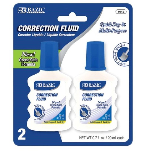 [LMD-1612] Bazic 0.7 Fl Oz (20 Ml) Correction Fluid W/ Foam Brush (2/Pk) (12)