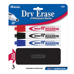 [LMD-1208] Bazic 3 Asst. Colors Chisel Tip Dry-Erase Markers W/ Eraser (12)