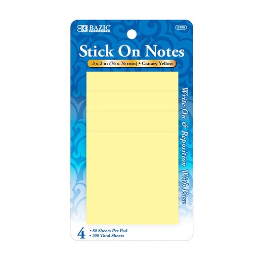 [LMD-5100] Bazic 50 Ct. 3" X 3" Yellow Stick On Note (4/Pack) (24)