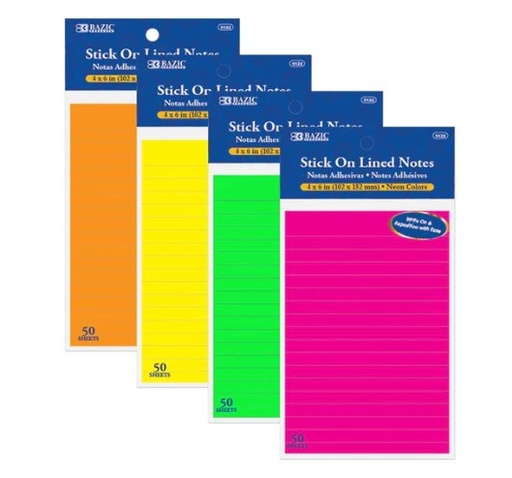 [LMD-5122] Bazic 50 Ct. 4" X 6" Neon Lined Stick On Notes (24)