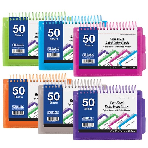 [LMD-570] Bazic 50 Ct. View Poly Spiral Bound 3" X 5" Ruled White Index Card W/ 2-Tab Divider (24)