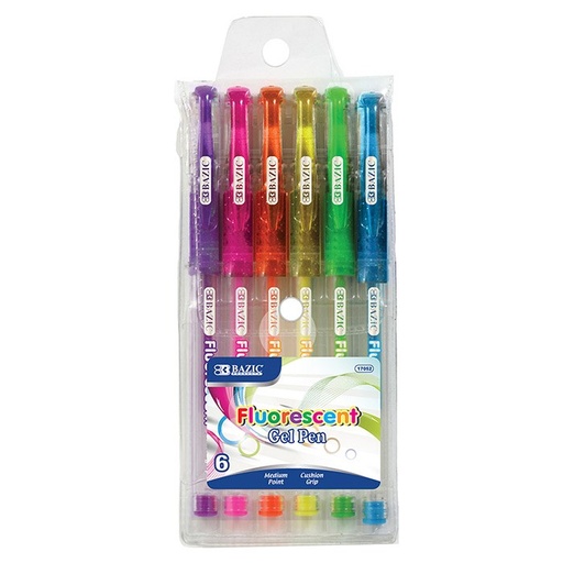 [LMD-17052] Bazic 6 Fluorescent Color Essence Gel Pen W/ Cushion Grip (12)