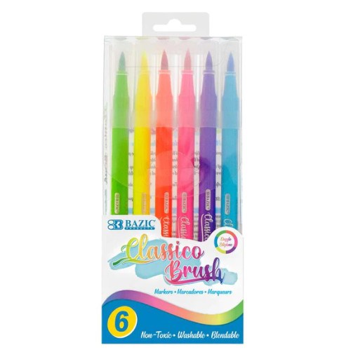 [LMD-1275] Bazic 6 Fluorescent Colors Classico Brush Markers (12)