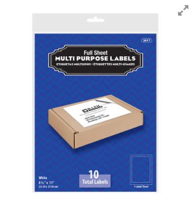 [LMD-3817] Bazic 8.5" X 11" Full Sheet White Multipurpose Labels (10/Pk) (12)