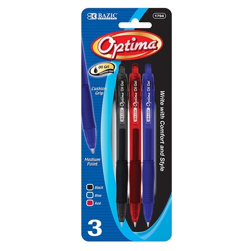 [LMD-1794] Bazic Assorted Color Retractable Gel Pen With Grip (3/Pack) (12)