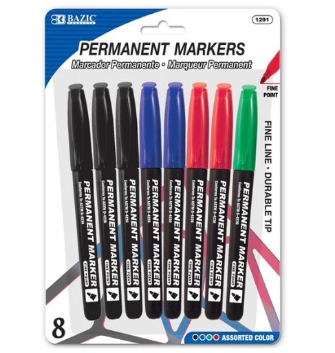 [LMD-1291] Bazic Assorted Colors Fine Tip Permanent Markers W/ Pocket Clip (8/Pack) (12)