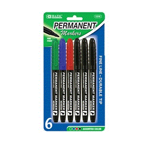 [LMD-1210] Bazic Asst. Colors Fine Tip Permanent Markers W/ Pocket Clip (6/Pack) (12)