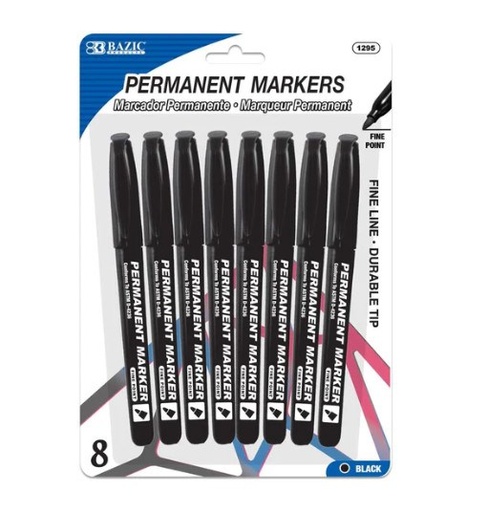 [LMD-1295] Bazic Black Fine Tip Permanent Markers W/ Pocket Clip (8/Pack) (12)