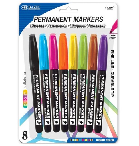 [LMD-1290] Bazic Bright Colors Fine Tip Permanent Markers W/ Pocket Clip (8/Pack) (12)