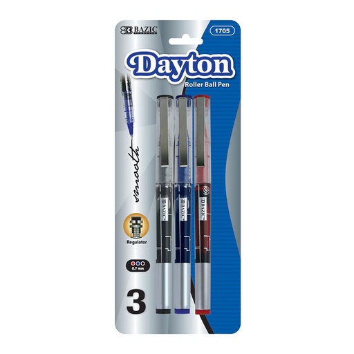 [LMD-1705] Bazic Dayton Asst. Color Rollerball Pen W/ Metal Clip (3/Pack) (12)