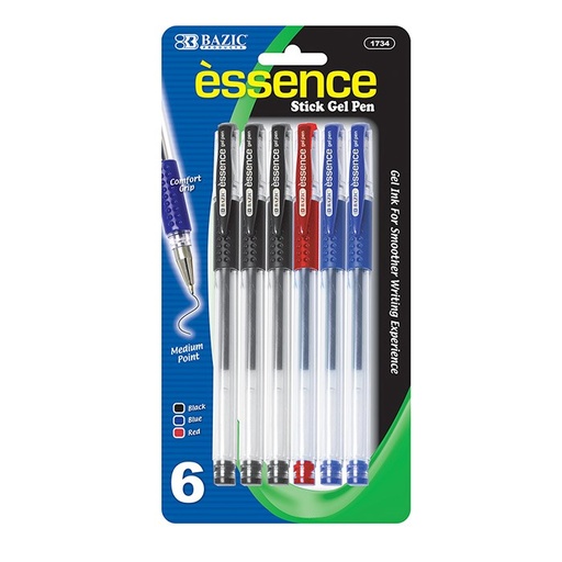[LMD-1734] Bazic Essence Assorted Color Gel Pen W/ Cushion Grip (6/Pack) (12)