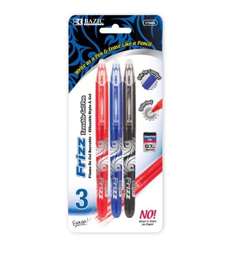 [LMD-17065] Bazic Frizz Assorted Color Erasable Gel Pen With Grip (3/Pack) (12)