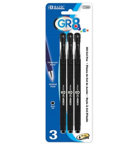 [LMD-17090-A] Bazic Gr8 Black Oil-Gel Ink Pen W/ Rubberized Barrel (3/Pack) (12)