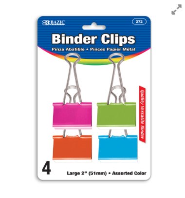 [LMD-272] Bazic Large 2" (51Mm) Asst. Color Binder Clip (4/Pack) (12)