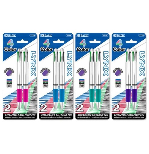 [LMD-1718] Bazic Lynx Silver Top 4-Color Pen W/ Cushion Grip (2/Pack) (12)