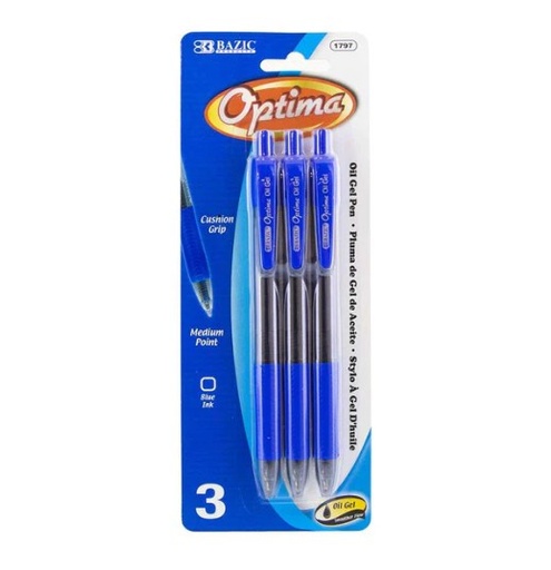 [LMD-1797] Bazic Optima Blue Oil-Gel Ink Retractable Pen W/ Grip (3/Pack) (12)