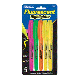[LMD-2301] Bazic Pen Style Fluorescent Highlighter W/ Pocket Clip (5/Pack) (12)