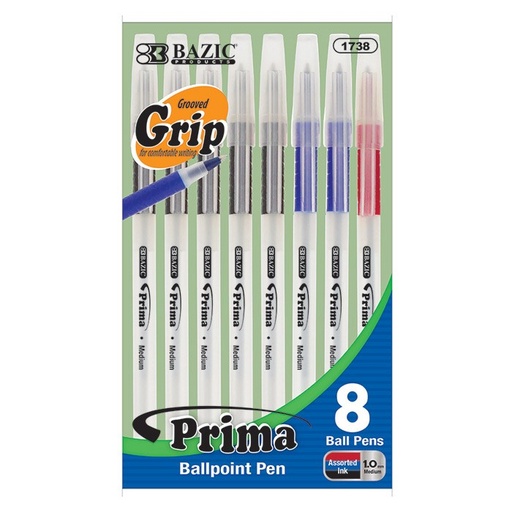 [LMD-1738] Bazic Prima Assorted Color Stick Pen W/ Cushion Grip (8/Pack) (12)