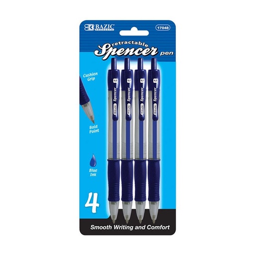 [LMD-17048] Bazic Spencer Blue Retractable Pen W/ Cushion Grip (4/Pack) (12)