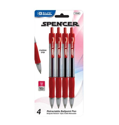 [LMD-17049] Bazic Spencer Red Retractable Pen W/ Cushion Grip (4/Pack) (12)