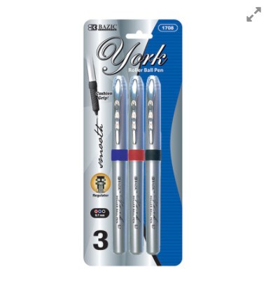 [LMD-1708] Bazic York Asst. Color Rollerball Pen W/ Grip (3/Pack) (12)